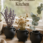 Three small handmade clay cauldron bud vases lined up on a windowsill, each holding a single sprig of dried lavender, chamomile, or eucalyptus, with visible hand-pinched imperfect openings and matte charcoal paint, soft natural window light behind them.