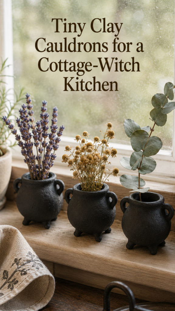 Three small handmade clay cauldron bud vases lined up on a windowsill, each holding a single sprig of dried lavender, chamomile, or eucalyptus, with visible hand-pinched imperfect openings and matte charcoal paint, soft natural window light behind them.