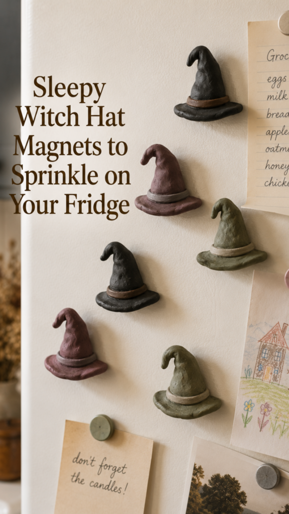 Six small handmade clay witch hat magnets with floppy droopy tips, painted in soft charcoal, dusty plum, and muted sage, arranged casually on a white fridge door beside a grocery list and a child's drawing pinned nearby.