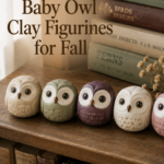 Five small handmade round clay owl figurines lined up on a wooden shelf, each with big painted eyes and tiny beaks in warm cream, sage, and dusty plum, with used books stacked behind them and a small dried flower sprig to the side, natural window light.