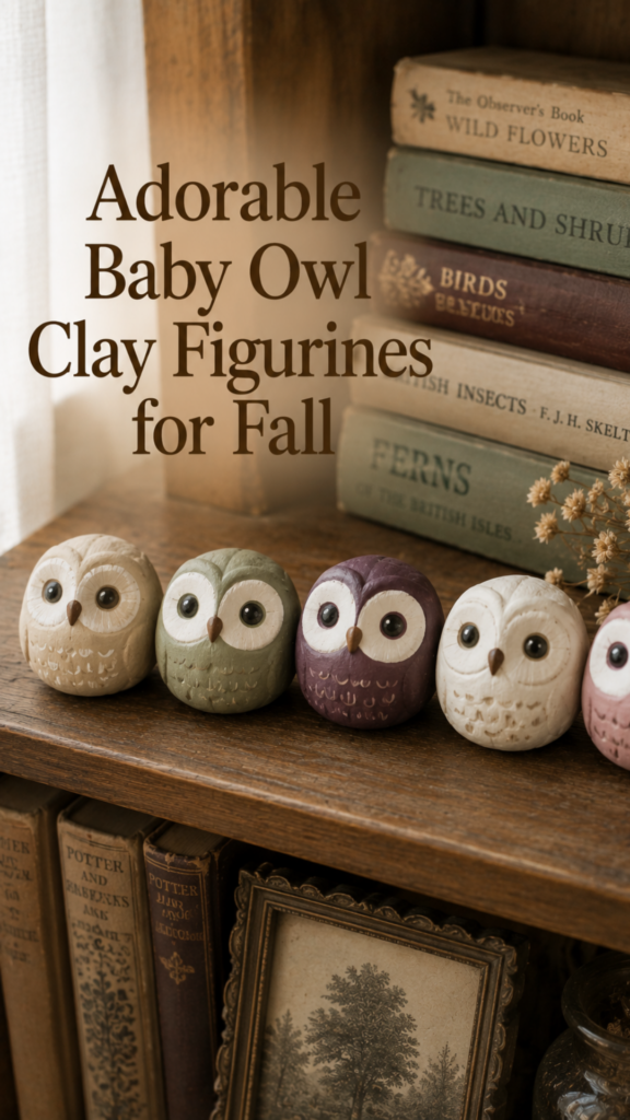 Five small handmade round clay owl figurines lined up on a wooden shelf, each with big painted eyes and tiny beaks in warm cream, sage, and dusty plum, with used books stacked behind them and a small dried flower sprig to the side, natural window light.