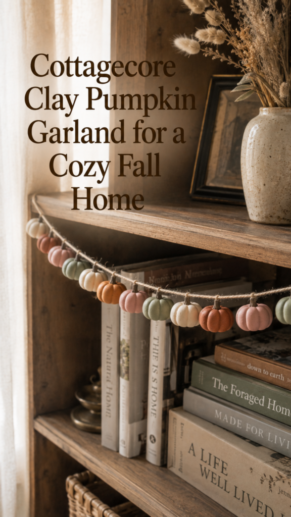 A homemade mini pumpkin garland of about eighteen small handmade air dry clay pumpkins in muted sage, cream, dusty rose, and warm cinnamon, strung on jute twine and draped naturally along a wooden bookshelf edge with books and dried grasses nearby.