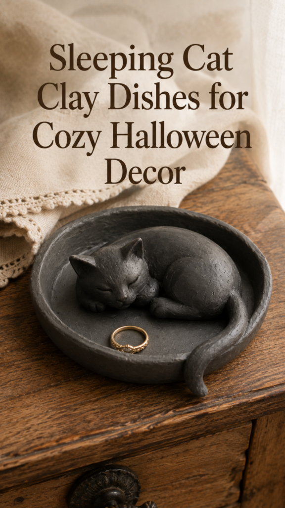 Small handmade round clay trinket dish with a sleeping curled charcoal-grey cat sculpted into the center and tail draped along the rim, holding a delicate gold ring, sitting on a wooden dresser with a folded linen napkin nearby and natural window light.
