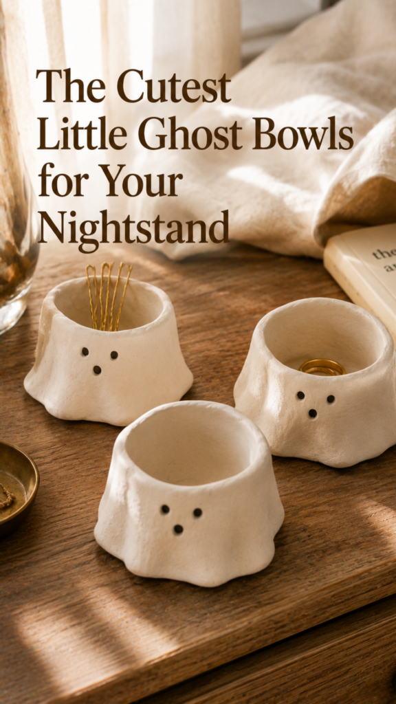 Three small chubby handmade white clay ghost pinch pots with off-center dot eyes and tiny mouths, one holding gold hair pins, one holding a small ring, arranged on a wooden nightstand with warm morning window light.