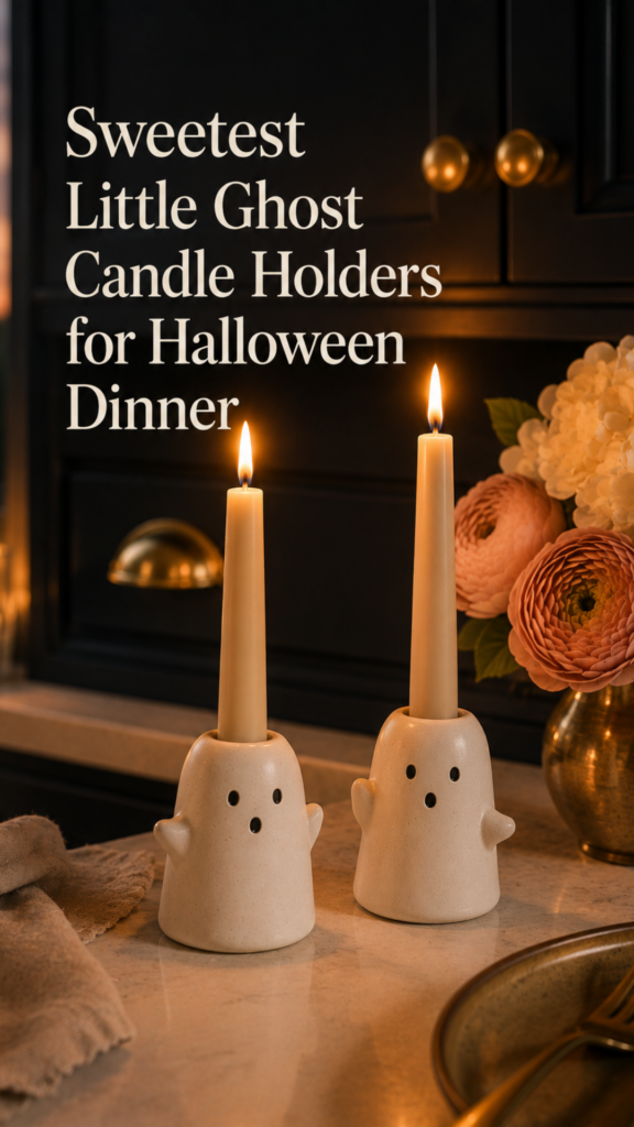 Two chubby handmade white clay ghost candle holders with off-center dot eyes and tiny mouths, each holding a lit cream taper candle, sitting on a wooden dining table at dusk with warm candlelight flickering across the surface.