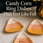Three small handmade triangle-shaped clay ring dishes painted in soft candy corn stripes of buttermilk cream, dusty peach, and warm marigold, sitting on a wooden dresser with a thin gold chain resting in one, natural window light.