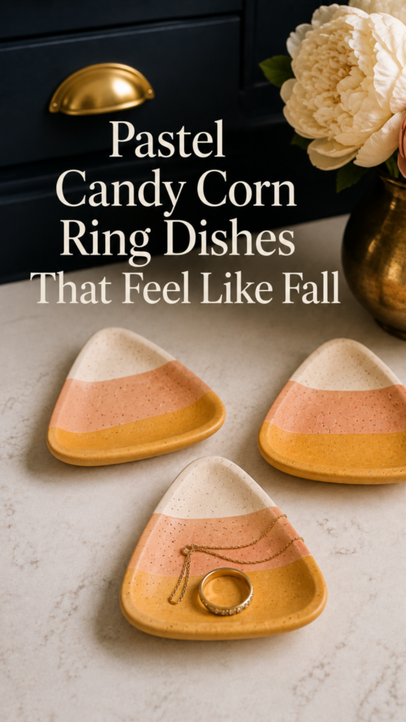 Three small handmade triangle-shaped clay ring dishes painted in soft candy corn stripes of buttermilk cream, dusty peach, and warm marigold, sitting on a wooden dresser with a thin gold chain resting in one, natural window light.