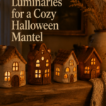 Four small handmade clay cottage luminaries with hand-cut arched windows glowing warmly from battery tea lights inside, painted in cream and warm cinnamon, arranged on a wooden mantel at dusk with a soft knit throw draped nearby and warm ambient light.