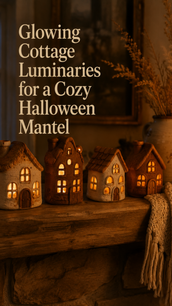 Four small handmade clay cottage luminaries with hand-cut arched windows glowing warmly from battery tea lights inside, painted in cream and warm cinnamon, arranged on a wooden mantel at dusk with a soft knit throw draped nearby and warm ambient light.