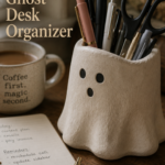 Larger handmade chunky white clay ghost pinch pot with off-center dot eyes and a tiny mouth, holding a cluster of pens and a pair of scissors, sitting on a wooden home desk beside an open notebook with a mug of coffee softly out of focus behind.