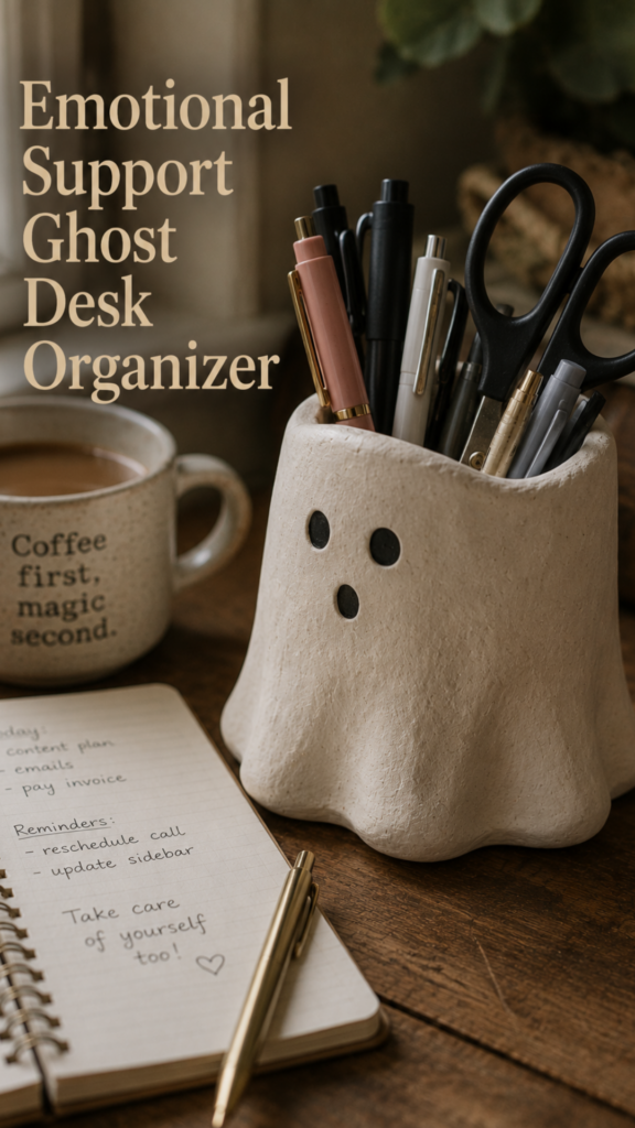 Larger handmade chunky white clay ghost pinch pot with off-center dot eyes and a tiny mouth, holding a cluster of pens and a pair of scissors, sitting on a wooden home desk beside an open notebook with a mug of coffee softly out of focus behind.