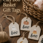 Five handmade flat clay gift tags with hand-lettered charcoal "boo" and small hand-painted details of a ghost, pumpkin, candy corn, moon, and cat, threaded with jute twine, arranged on a wooden counter beside a small woven boo basket filled with wrapped treats.