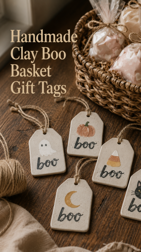 Five handmade flat clay gift tags with hand-lettered charcoal "boo" and small hand-painted details of a ghost, pumpkin, candy corn, moon, and cat, threaded with jute twine, arranged on a wooden counter beside a small woven boo basket filled with wrapped treats.