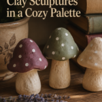 Three small handmade clay mushroom sculptures painted in dusty plum, muted sage, and cream with hand-painted white dots on the caps, sitting on a wooden shelf beside a sprig of dried lavender and a small stack of books, natural window light.