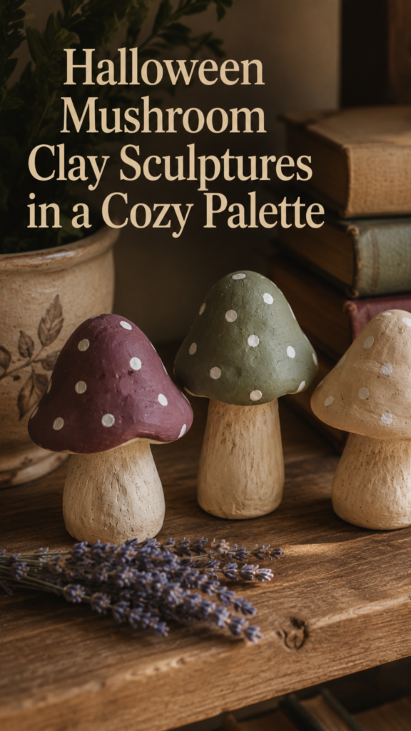 Three small handmade clay mushroom sculptures painted in dusty plum, muted sage, and cream with hand-painted white dots on the caps, sitting on a wooden shelf beside a sprig of dried lavender and a small stack of books, natural window light.