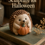 Small handmade chubby clay hedgehog figurine with toothpick-poked spines painted warm cinnamon and cream, hugging a tiny orange pumpkin with a sage stem, sitting on a stack of vintage books on a wooden desk with natural golden window light.