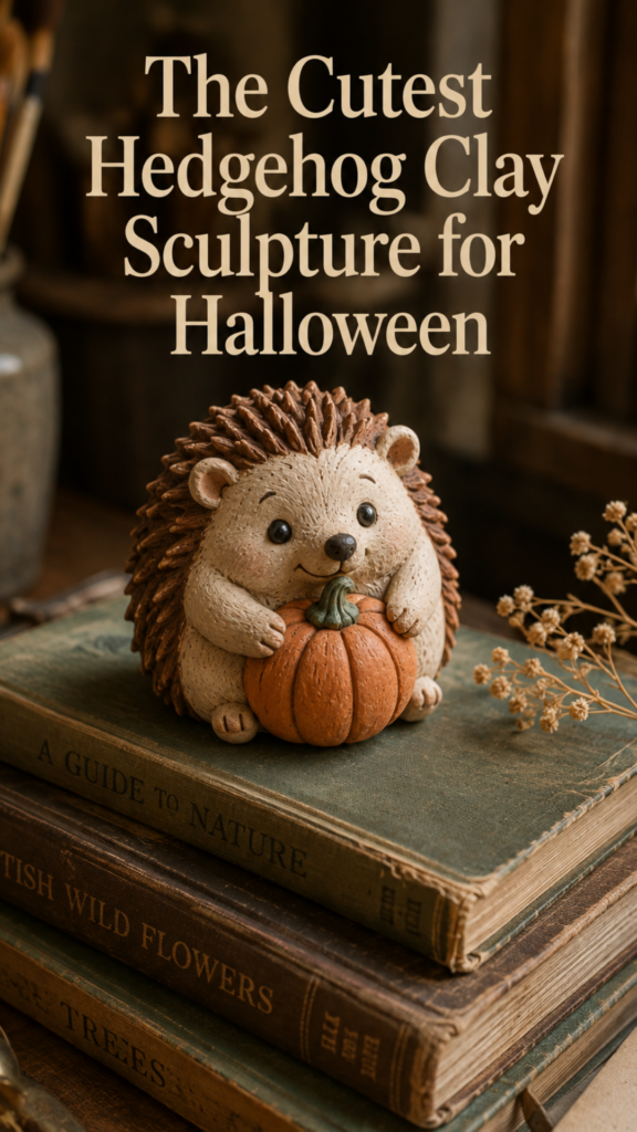 Small handmade chubby clay hedgehog figurine with toothpick-poked spines painted warm cinnamon and cream, hugging a tiny orange pumpkin with a sage stem, sitting on a stack of vintage books on a wooden desk with natural golden window light.