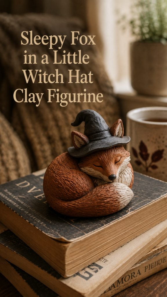 Small handmade curled sleeping fox clay figurine painted warm cinnamon with a cream chest, wearing a floppy soft charcoal witch hat perched between the ears, sitting on a stack of used paperback books on a wooden side table with warm window light.