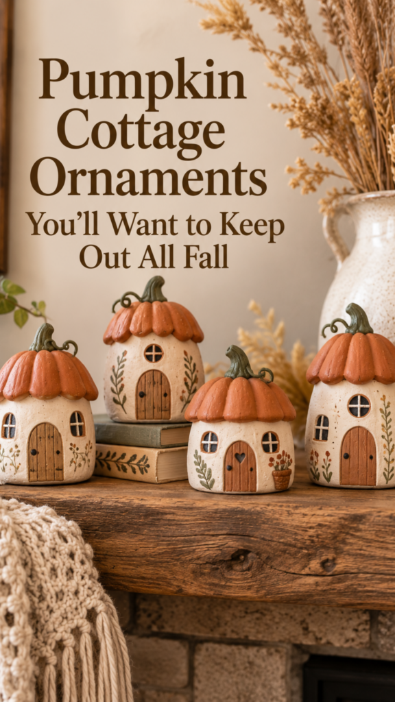 Four small handmade clay cottage ornaments with tiny pumpkin-shaped roofs painted in warm cinnamon and cream, each with a hand-carved arched door and window, arranged on a wooden mantel with a soft knit throw hanging nearby.