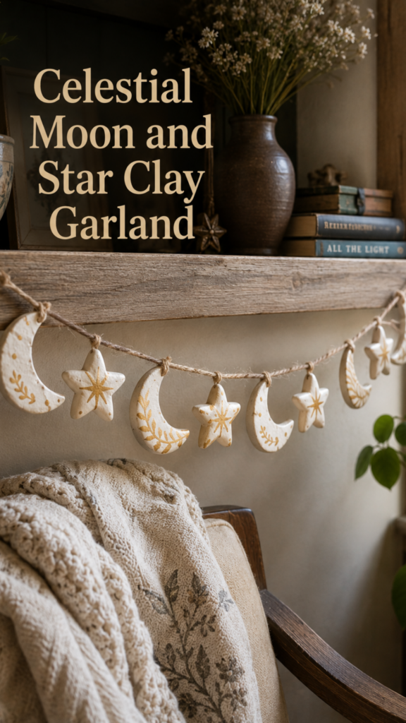 Handmade garland of small clay crescent moons and puffy stars painted cream with hand-brushed warm gold accents, strung on jute twine and draped naturally along a wooden shelf, with a soft folded blanket on a chair below and natural window light.