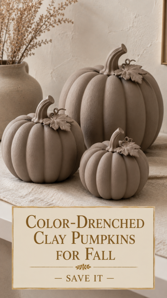 Three color-drenched air dry clay pumpkins in warm mushroom taupe with matching body, stem, and leaves on a cream linen runner