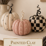 Three pattern-painted air dry clay pumpkins with hand-painted moons, arches, and checkerboard in a cream and matte black palette