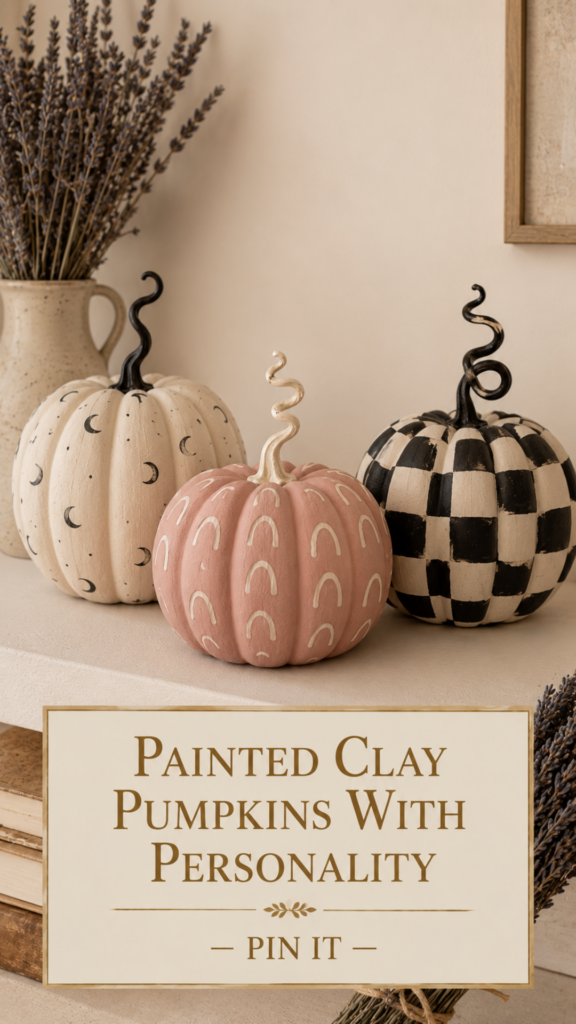 Three pattern-painted air dry clay pumpkins with hand-painted moons, arches, and checkerboard in a cream and matte black palette