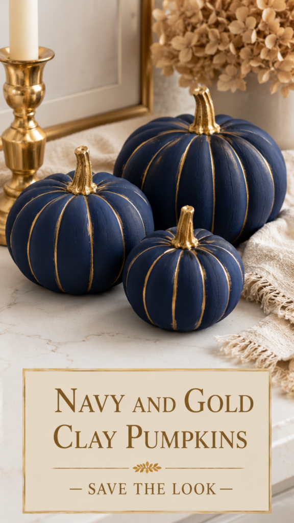 Three matte navy and gold air dry clay pumpkins with hand-painted gold vertical lines on a white quartz surface with dried hydrangea