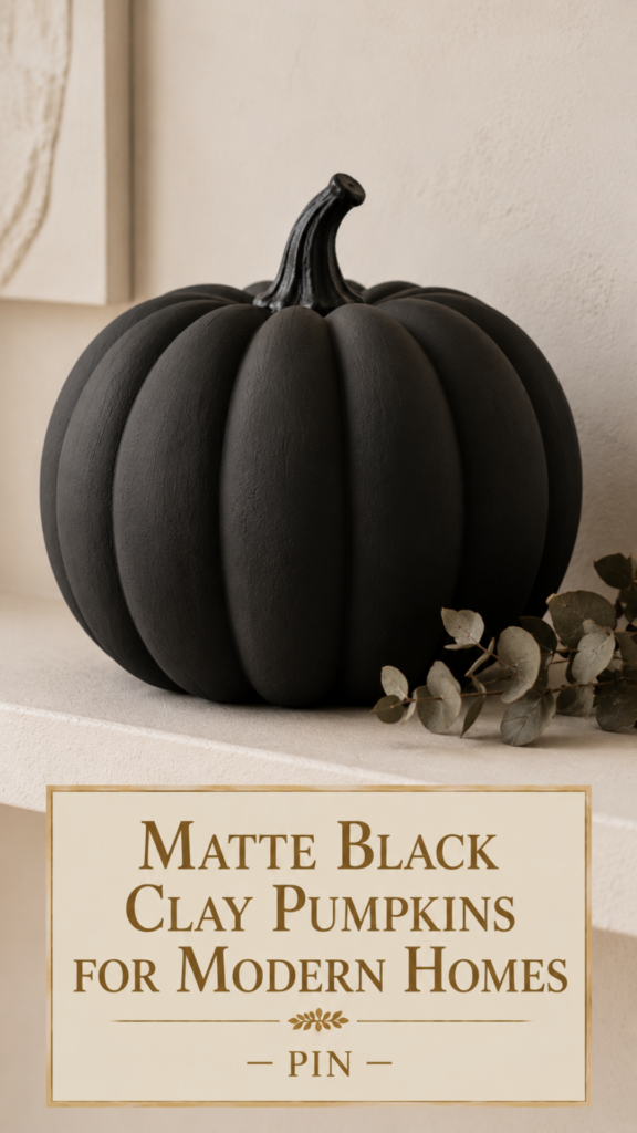 One oversized matte black sculptural air dry clay pumpkin displayed alone on a cream floating shelf with a sprig of dried eucalyptus