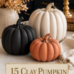 Layered fall vignette with a ribbed ceramic-look off-white air dry clay pumpkin, a matte black sculptural pumpkin, and a terracotta Cinderella pumpkin on white quartz with navy cabinetry