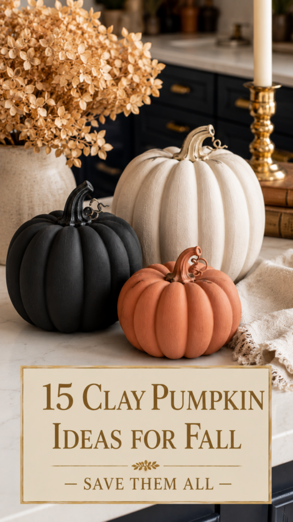 Layered fall vignette with a ribbed ceramic-look off-white air dry clay pumpkin, a matte black sculptural pumpkin, and a terracotta Cinderella pumpkin on white quartz with navy cabinetry