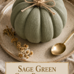 Three sage green air dry clay pumpkins with linen-pressed texture and cinnamon stick stems styled with dried eucalyptus