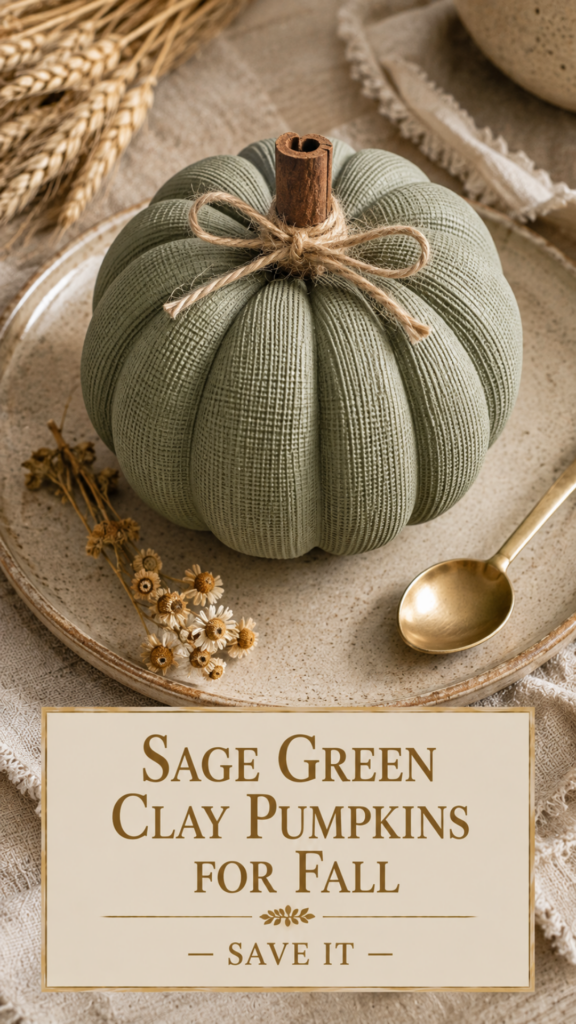 Three sage green air dry clay pumpkins with linen-pressed texture and cinnamon stick stems styled with dried eucalyptus