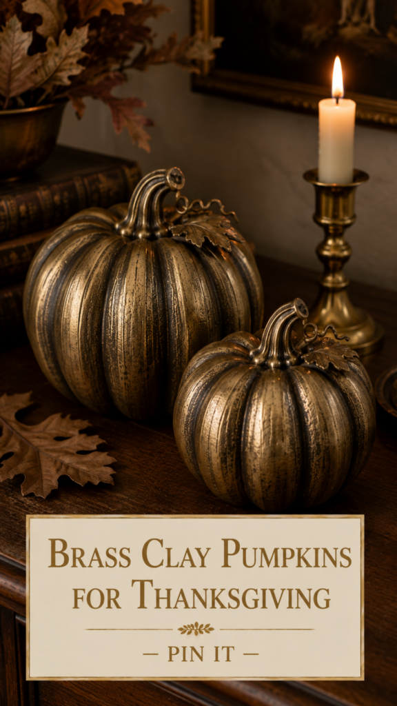 Three vintage brass-look air dry clay pumpkins on a Thanksgiving table setting with cream tapers and dried wheat
