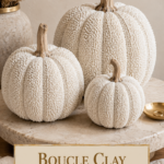 Two bone-white boucle-texture piped air dry clay pumpkins on a cream boucle throw with a modern walnut side table
