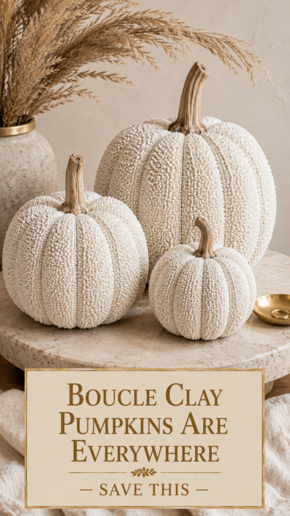 Two bone-white boucle-texture piped air dry clay pumpkins on a cream boucle throw with a modern walnut side table