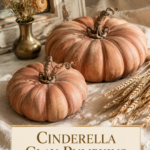 Two warm terracotta air dry clay Cinderella pumpkins with grapevine stems and dried wheat on a cream linen tablecloth
