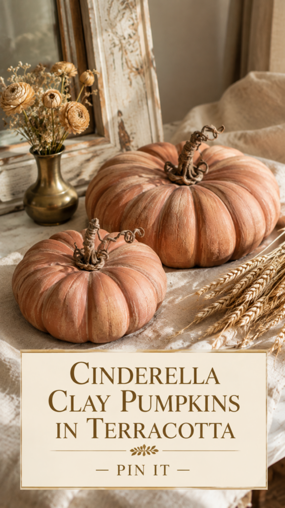 Two warm terracotta air dry clay Cinderella pumpkins with grapevine stems and dried wheat on a cream linen tablecloth
