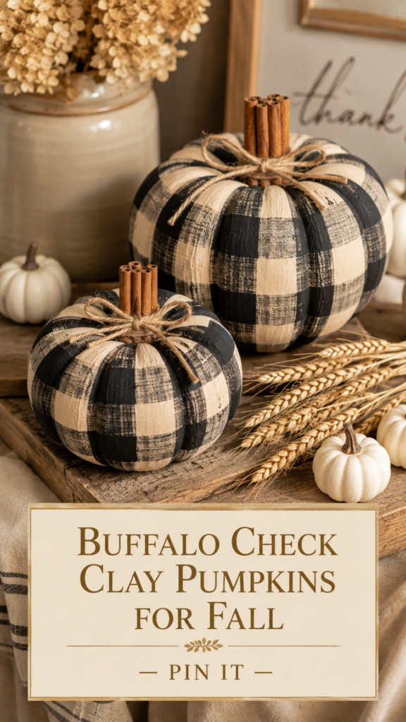 Two buffalo check painted air dry clay pumpkins with cinnamon stick stems on a rustic wood board with dried wheat and mini white pumpkins