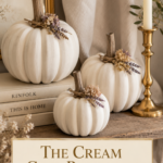 Three cream air dry clay pumpkins accented with dried lavender, chamomile, and hydrangea tied with jute twine on a floating shelf