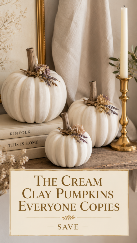 Three cream air dry clay pumpkins accented with dried lavender, chamomile, and hydrangea tied with jute twine on a floating shelf