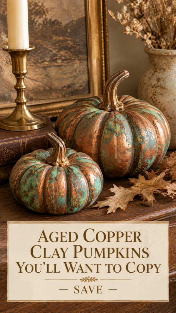 Two aged copper patina air dry clay pumpkins with teal and sage green finish on a dark walnut side table with a brass candlestick