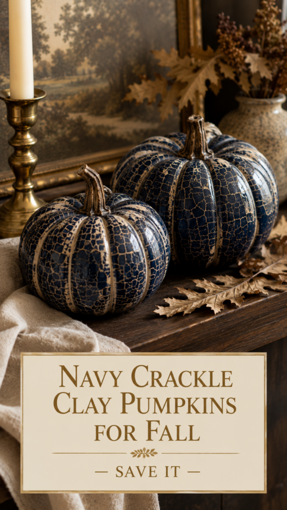 Two navy crackle air dry clay pumpkins with cream crackle top layer and twig stems on a dark wood shelf