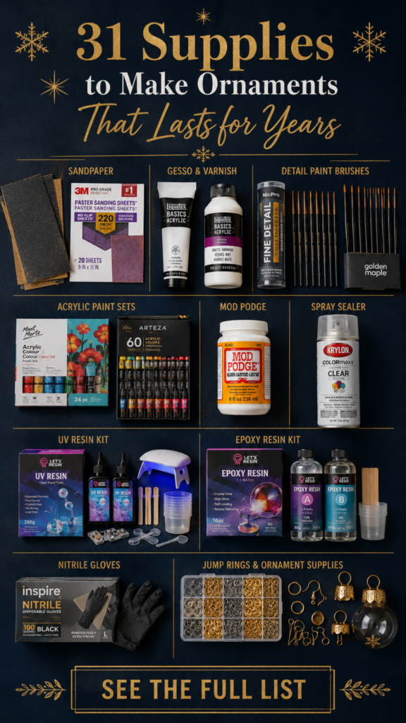 Navy grid flat lay organizing 31 clay ornament crafting supplies by category, including sandpaper, paint, sealer, resin kits, and jump rings.