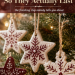 Hand-painted burgundy and cream clay snowflake and star ornaments hanging on a lit Christmas tree.