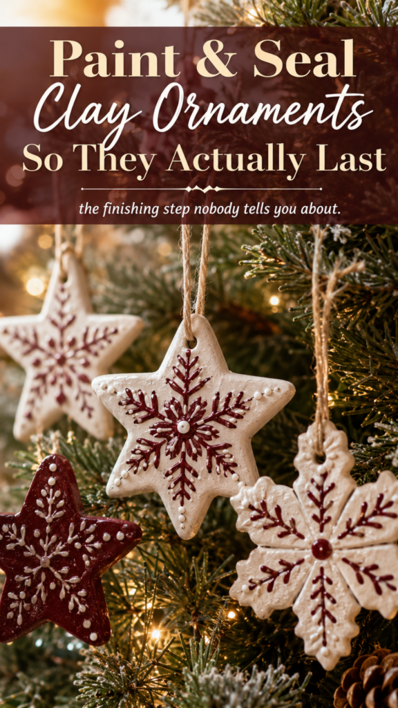 Hand-painted burgundy and cream clay snowflake and star ornaments hanging on a lit Christmas tree.