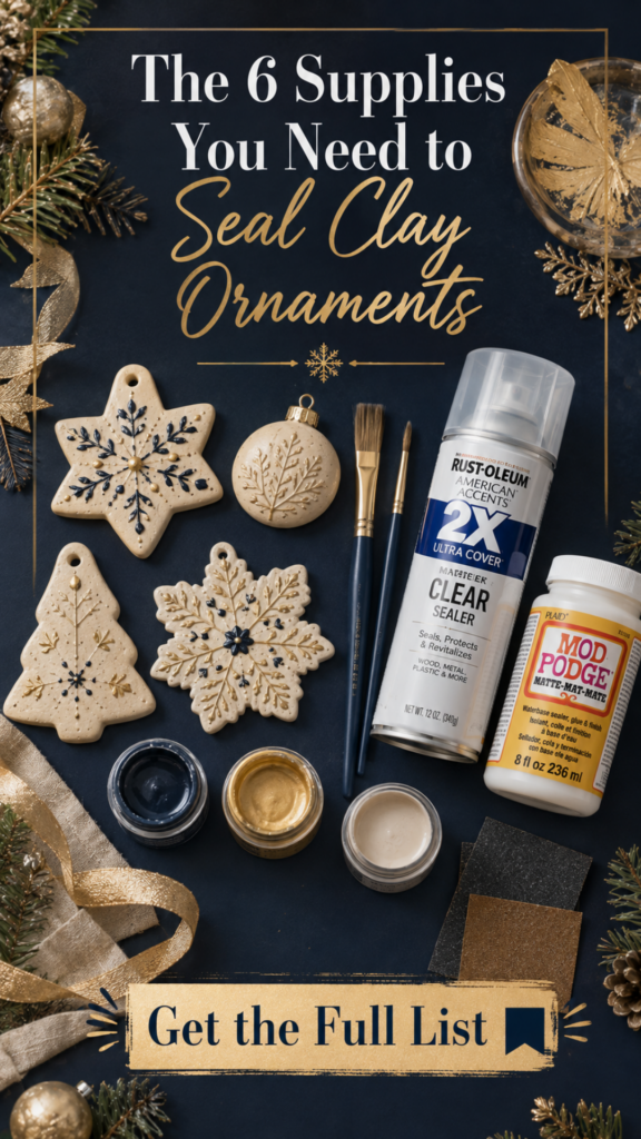 Navy flat lay of clay ornament sealing supplies including paintbrushes, spray sealer, Mod Podge, acrylic paint, and sandpaper beside painted cream ornaments.