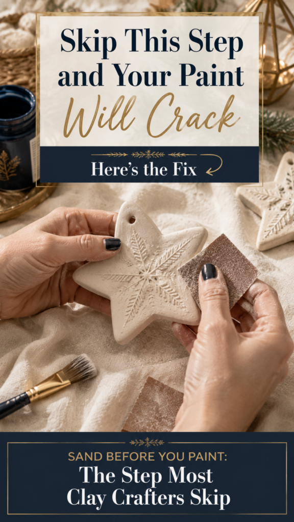 Close-up of hands with dark navy nail polish sanding a cream clay star ornament with fine-grit sandpaper.