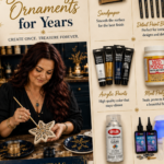 Magazine-style editorial pin showing a woman hand-painting a clay star ornament beside a flat-lay grid of clay ornament sealing supplies including sandpaper, paint, and resin.