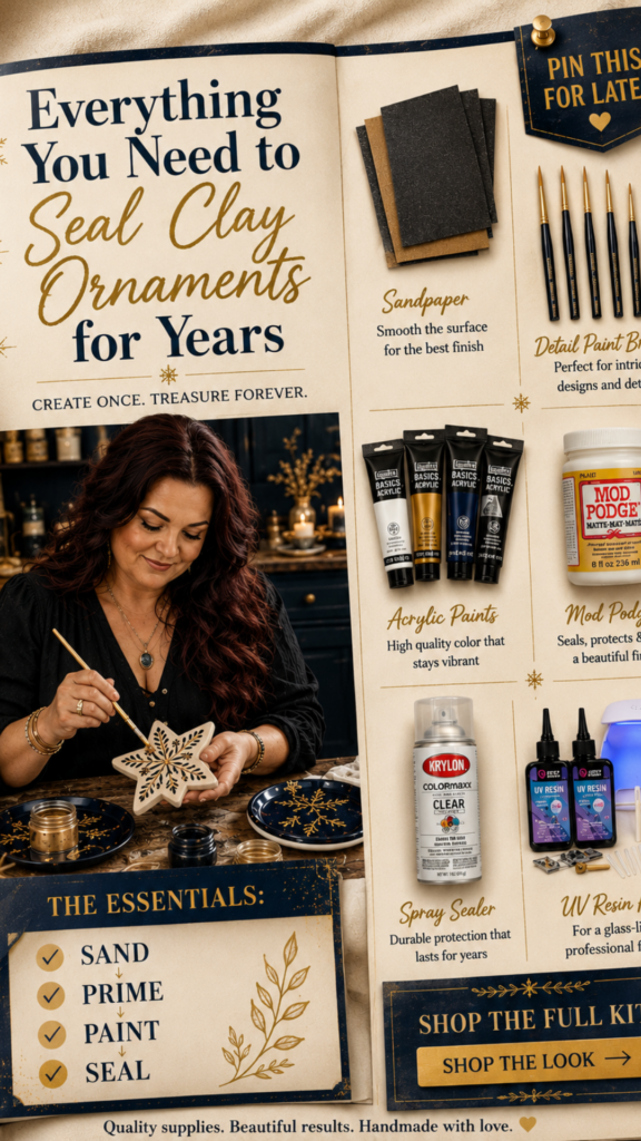 Magazine-style editorial pin showing a woman hand-painting a clay star ornament beside a flat-lay grid of clay ornament sealing supplies including sandpaper, paint, and resin.